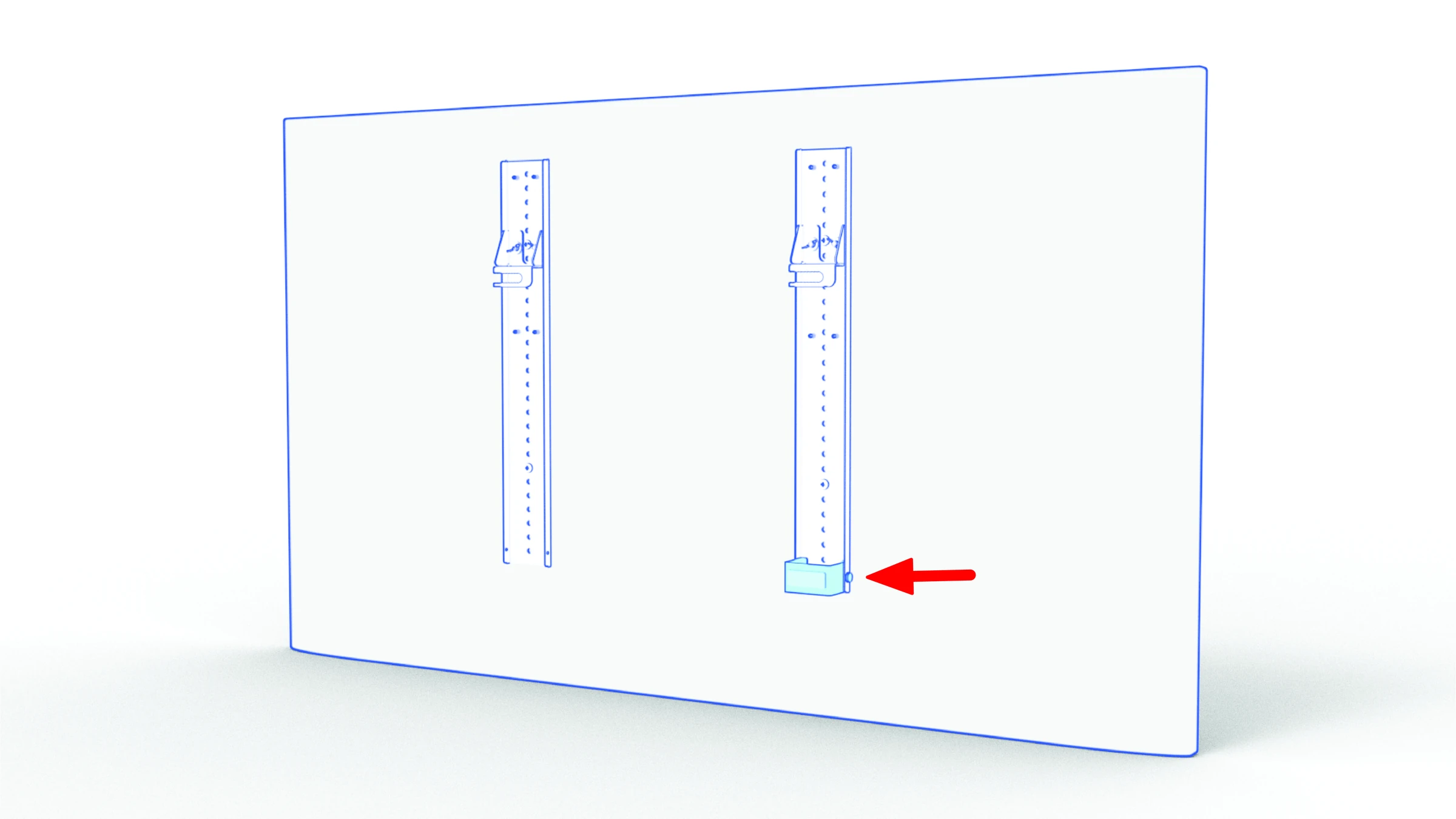 Wall bumper bracket positioned at the lower end of the left-hand rail when viewed from the display’s front.