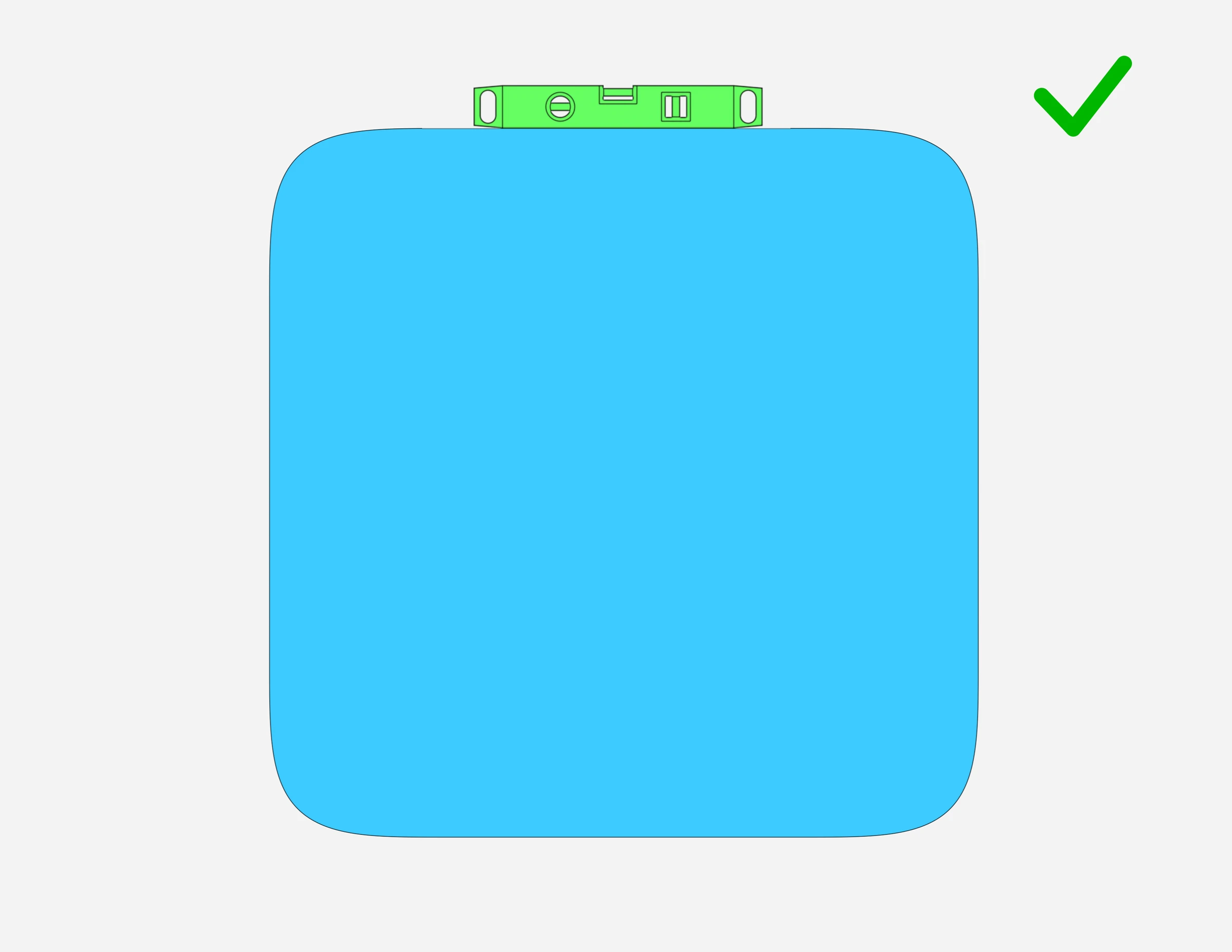 Panel with a level on its top edge and a check mark indicating a level installation.