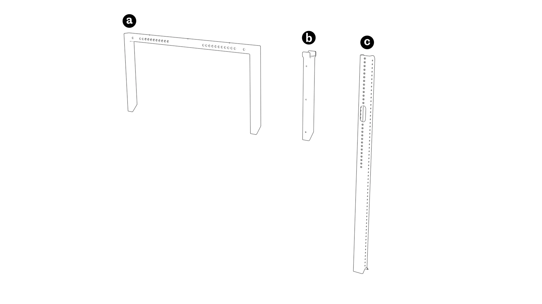 Front base, rear leg, and display rail identified as components a through c.