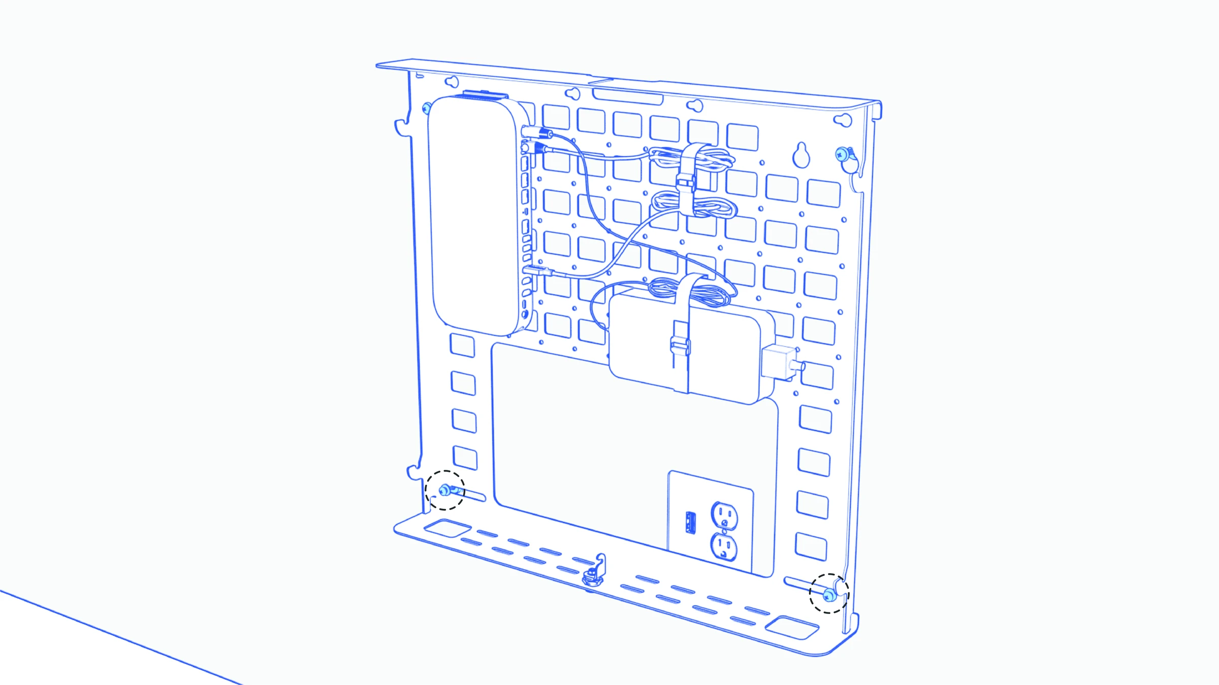 Credenza body on the wall with both lower mounting positions circled.