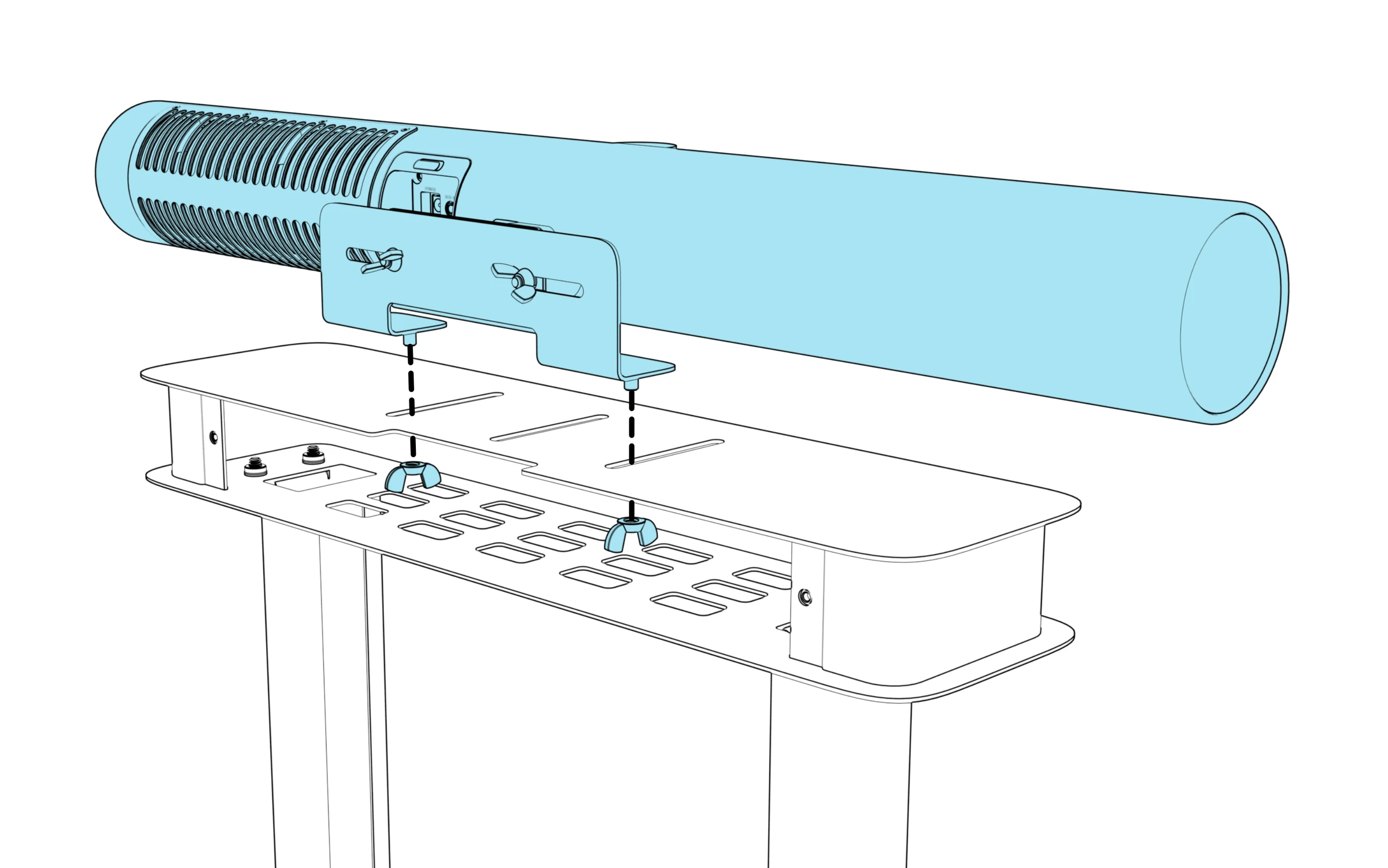 Bracket posts inserted through the top-shelf slots and secured with wing nuts underneath.