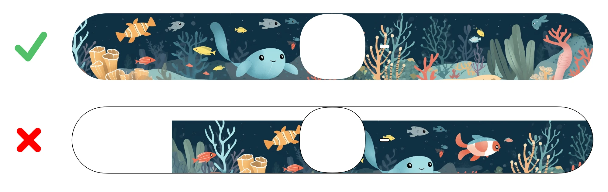 Two cover-artwork examples: the checked example fills the rounded template around its central camera opening; the crossed-out example leaves a large blank area at one end.