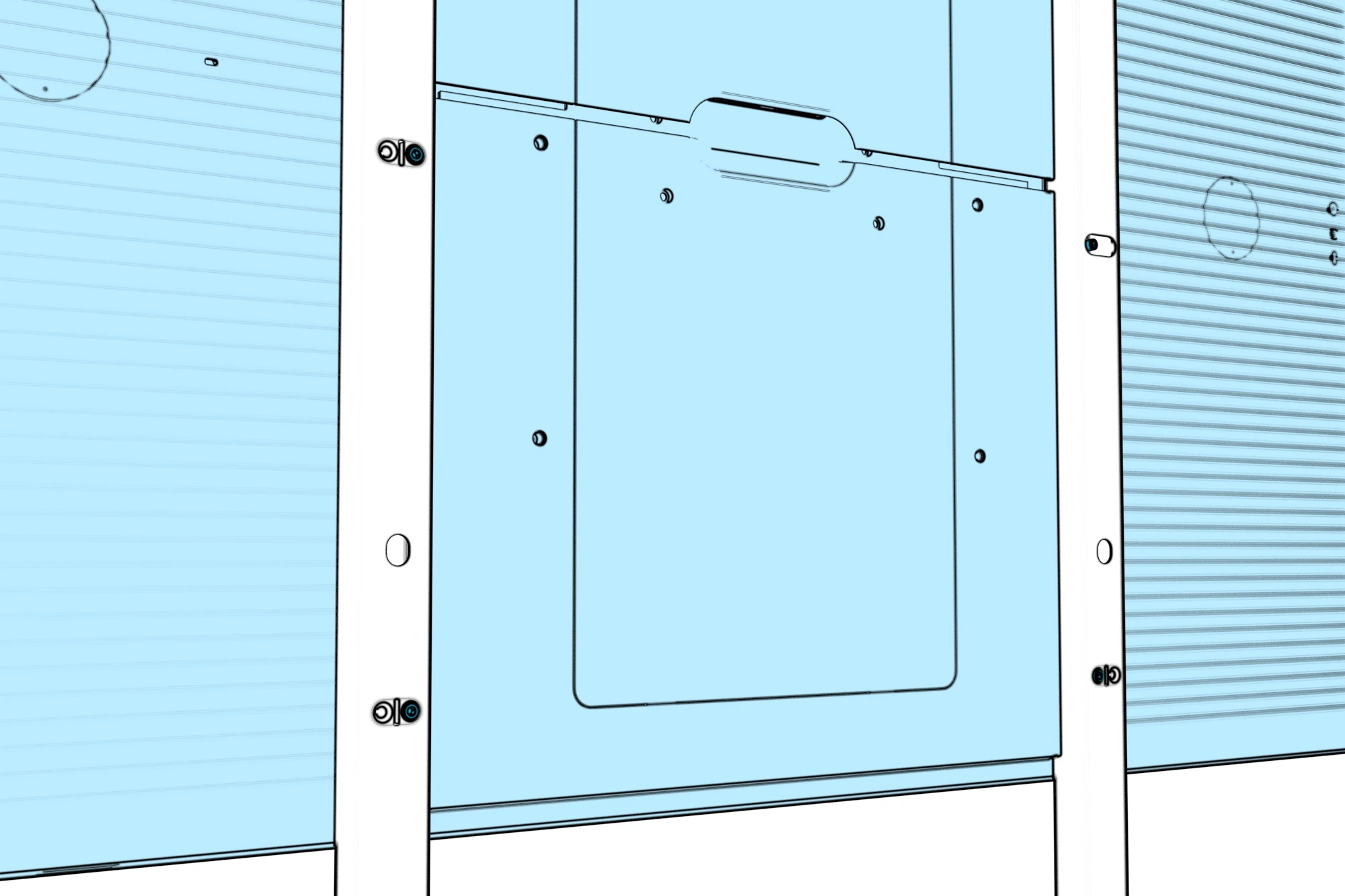 Four lower screw heads seated flush with the rear faces of the columns.