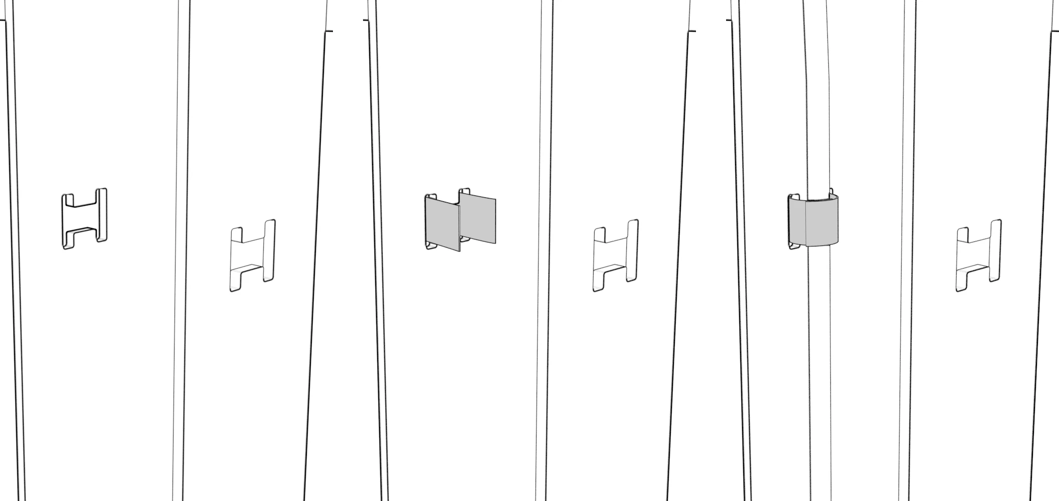 Three views of a strap passing behind the H-shaped rail feature and wrapping around a cable.