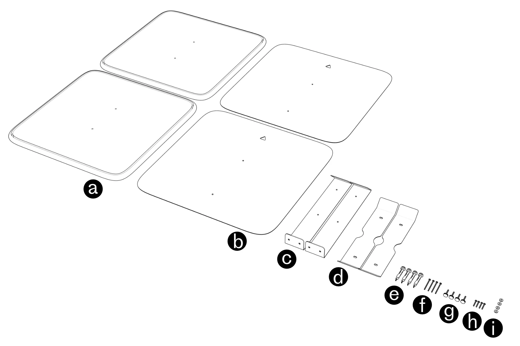 Included parts labeled a–i: two panels, two templates, panel brackets, wall brackets, wall anchors, screws, thumbscrews, and washers.