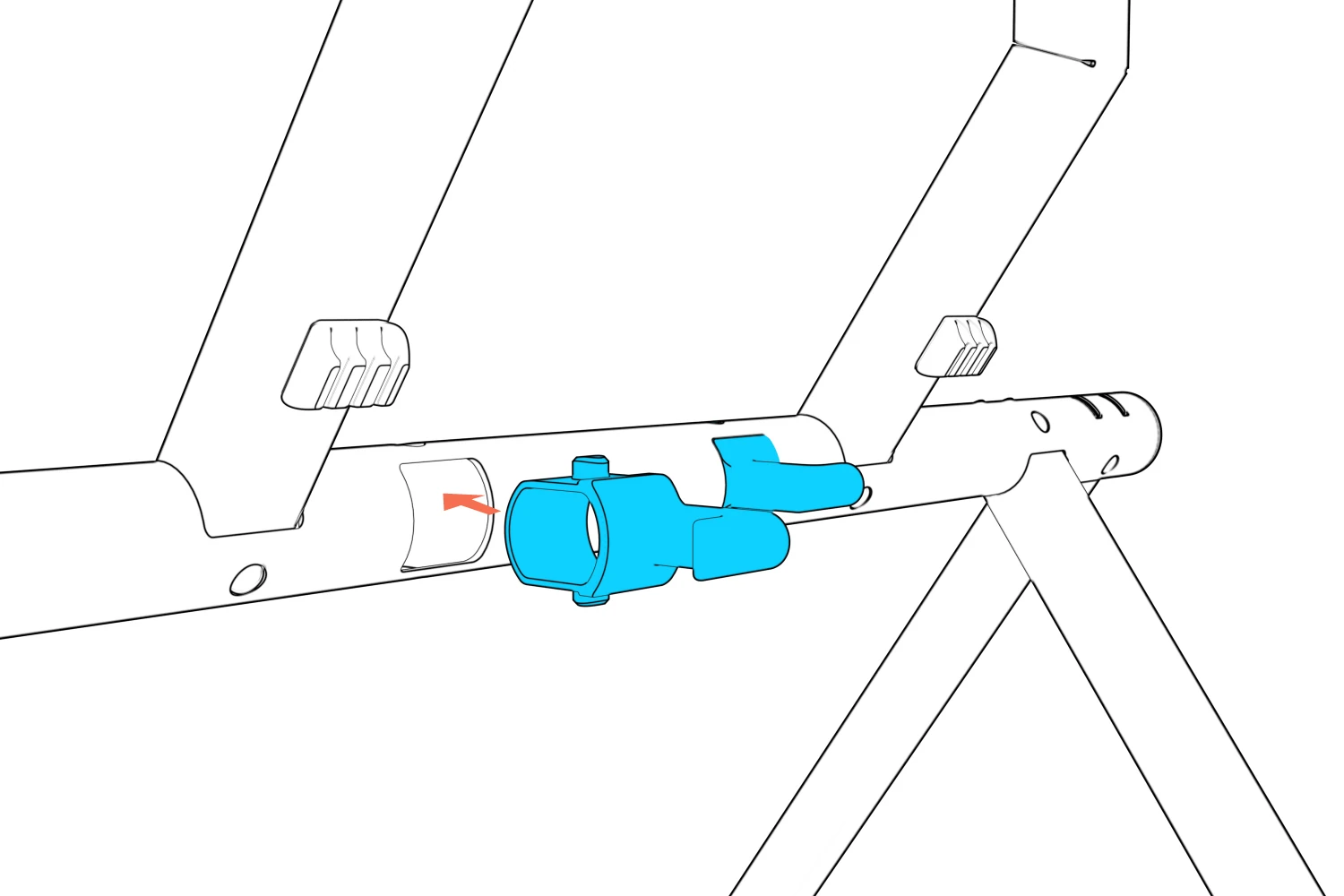 Two cord-wrapping posts aligned with the rear-facing beam sockets.