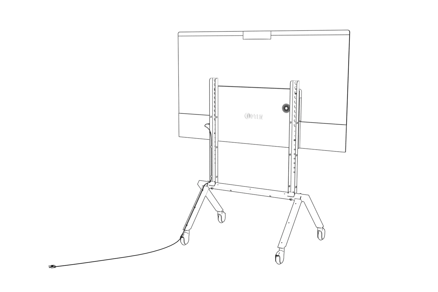 Power cable routed from the rear of the display down a rail and rear leg to the floor.