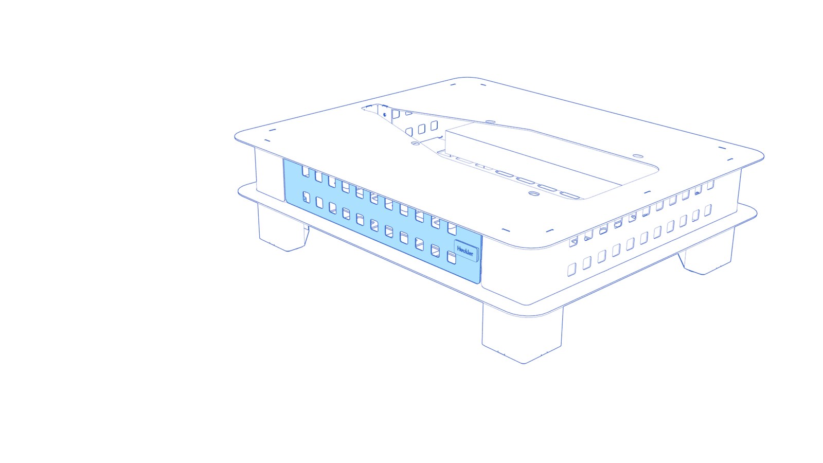 Animated side view showing the branding plate removed and the access panel swinging open.