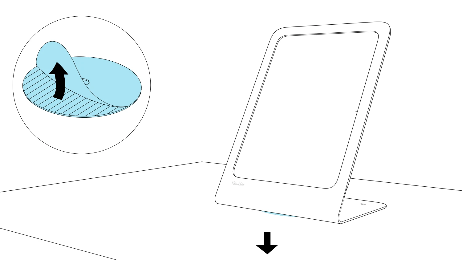 Adhesive backing removed from the foam disc and a downward arrow showing the stand pressed onto the countertop.