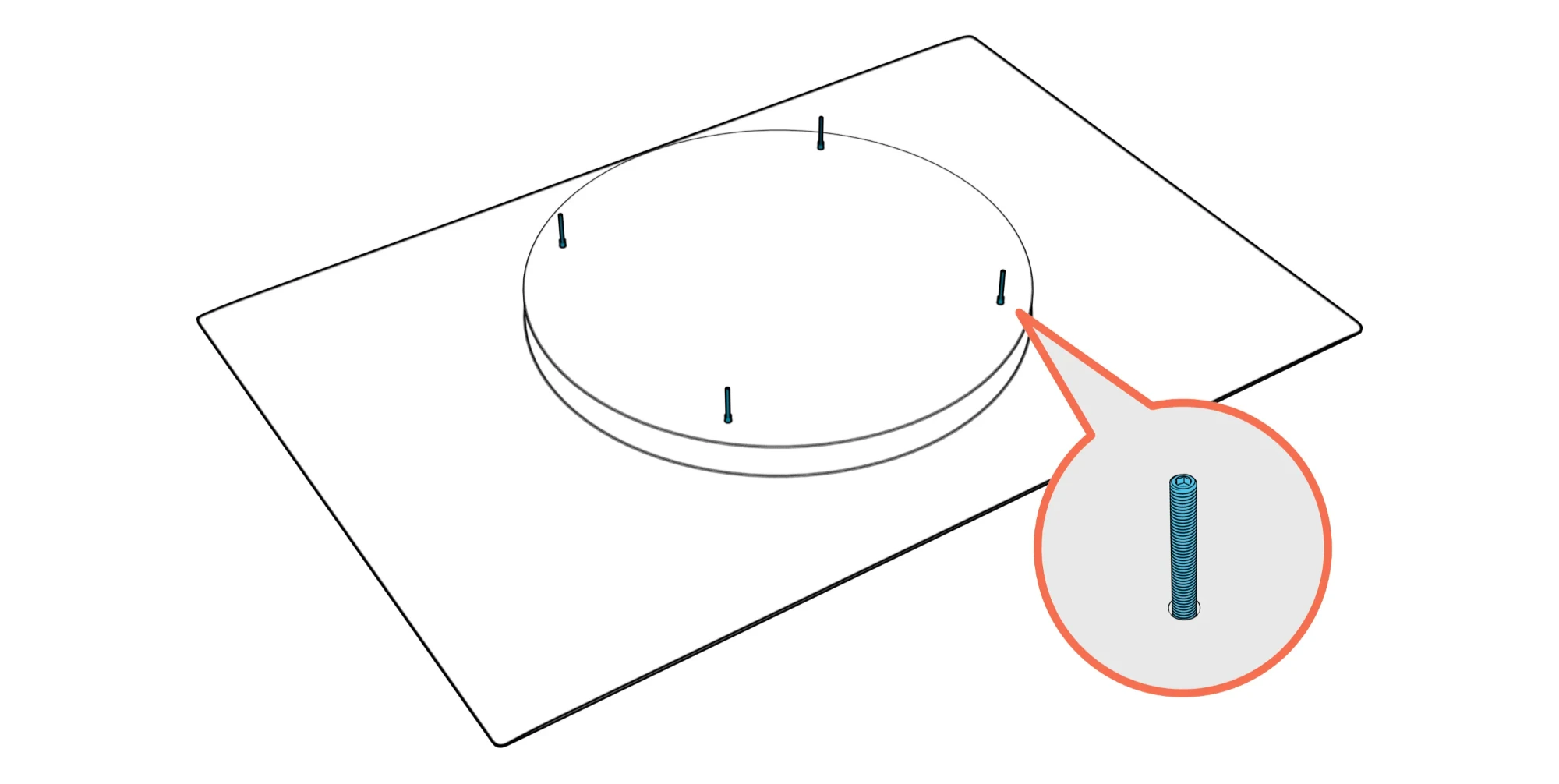 Rear of the Surface Hub with four mounting screws; an enlarged detail shows a screw entering its mounting hole.