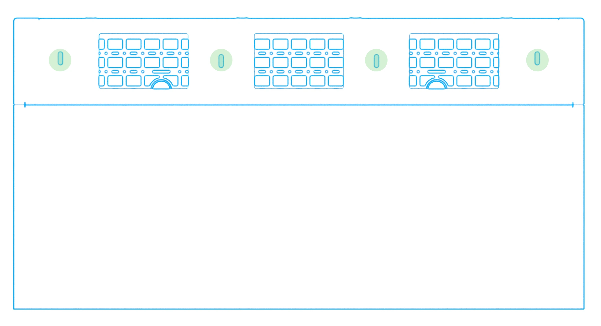 Four display-arm mounting slots highlighted across the rear console.