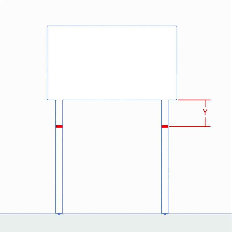 Measurement Y transferred downward from the display’s lower edge to tape marks on both uprights.