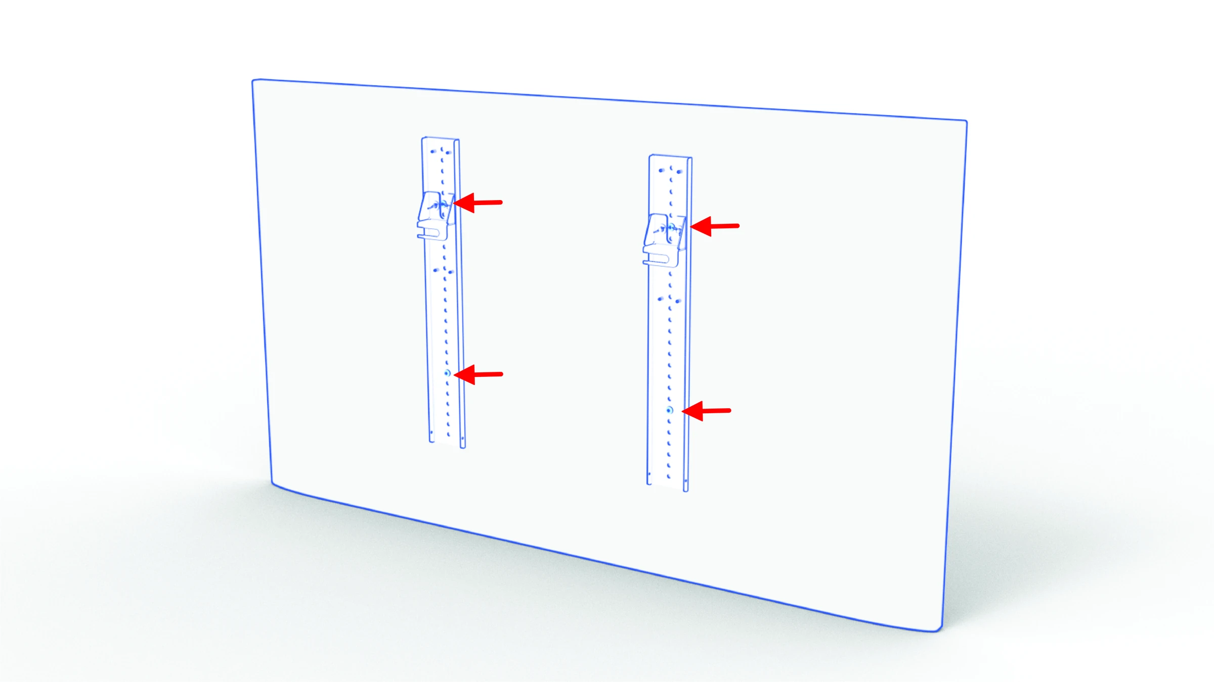 Four display-rail mounting-screw positions indicated on the left-hand display.