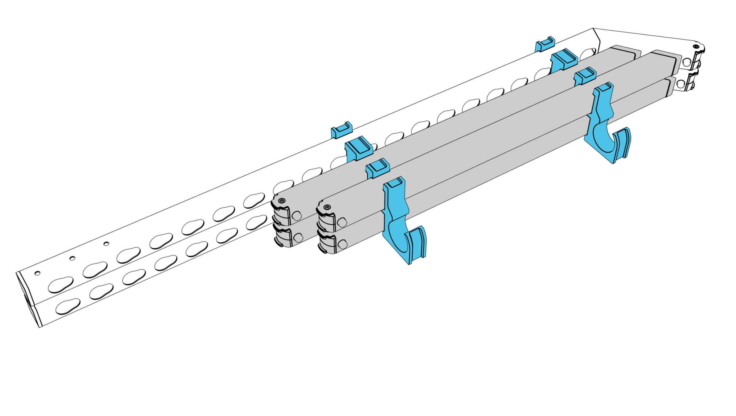 Four legs stacked within the storage rings beside the columns.