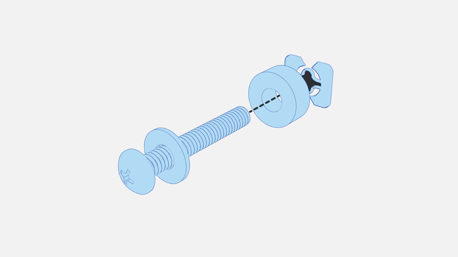 Close-up sequence showing a screw, washer, and nylon spacer assembled at a wall anchor.