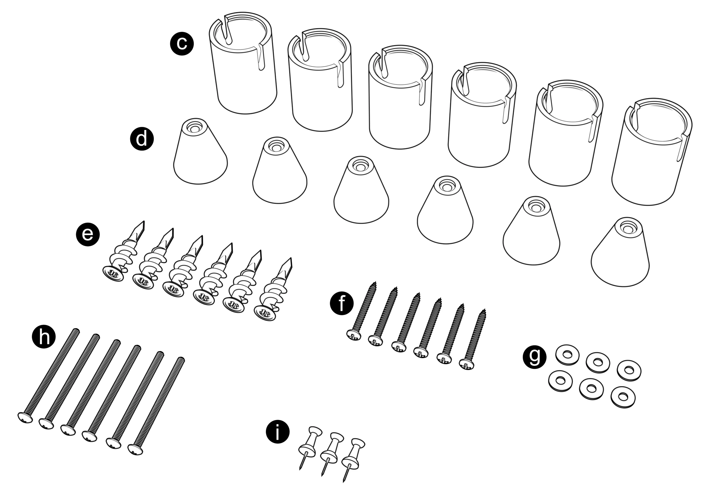 Mounting components labeled c–i: wall cups, panel anchors, wall anchors, screws, washers, and push pins.