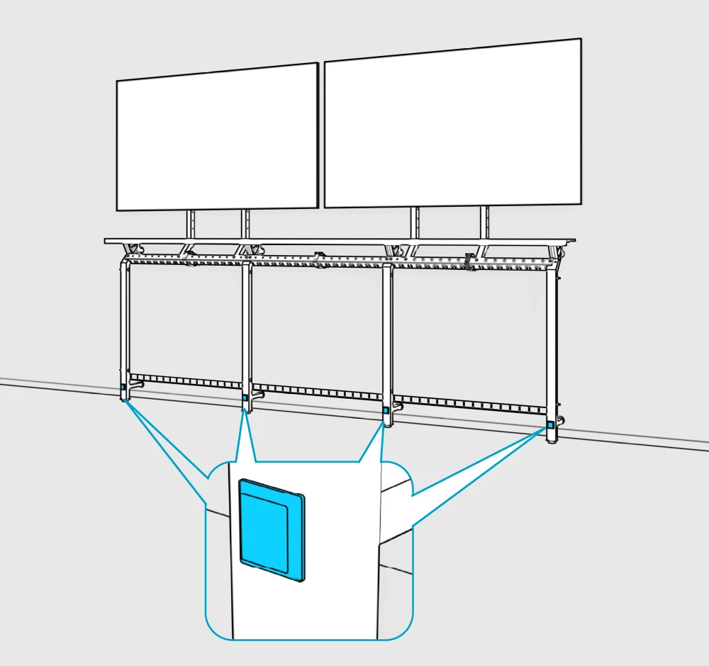 Panel-pad locations highlighted at the fronts of the Framework legs, with an enlarged installed pad.