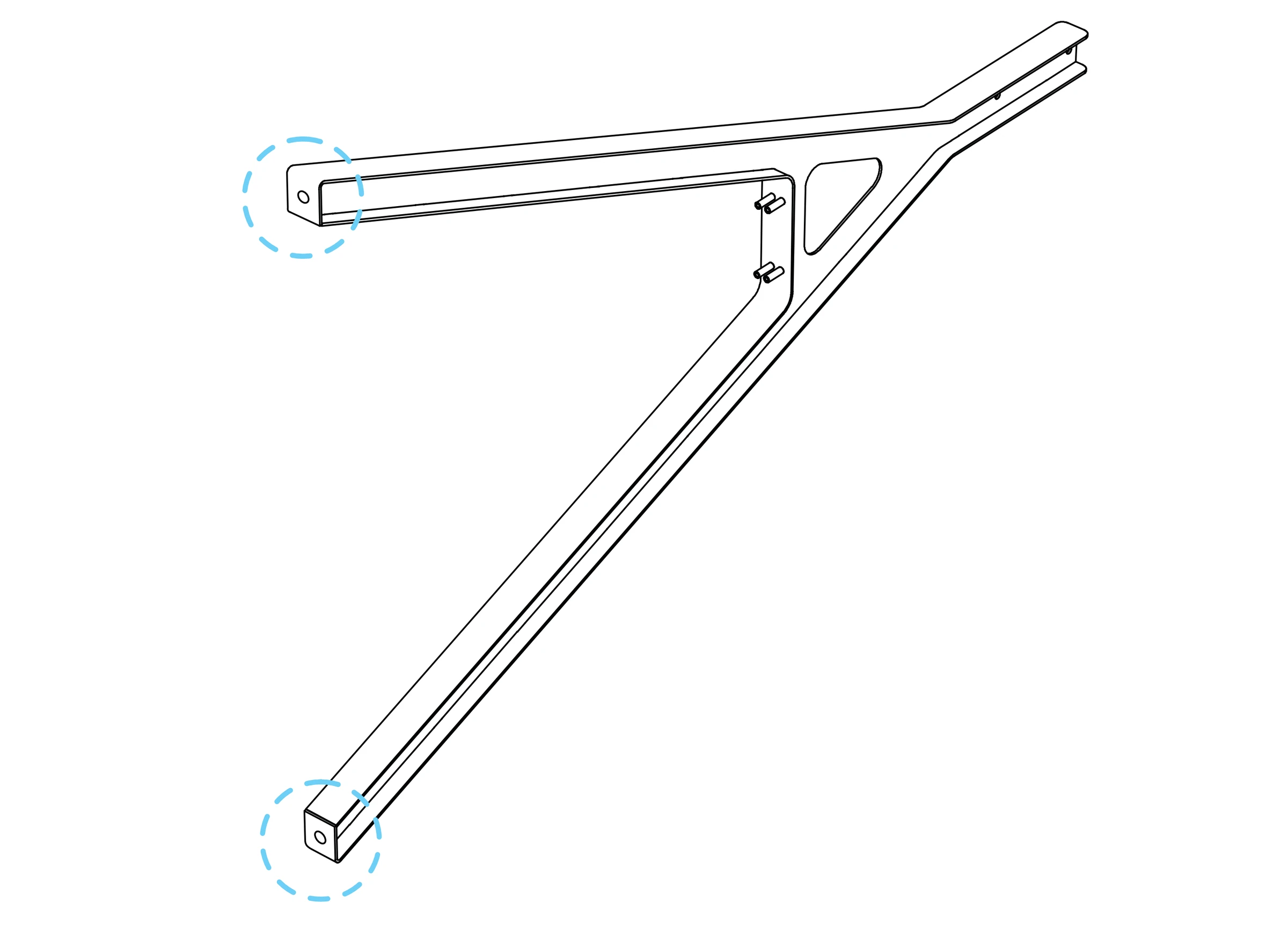 Leg with the empty caster-post mounting holes circled at both lower ends.
