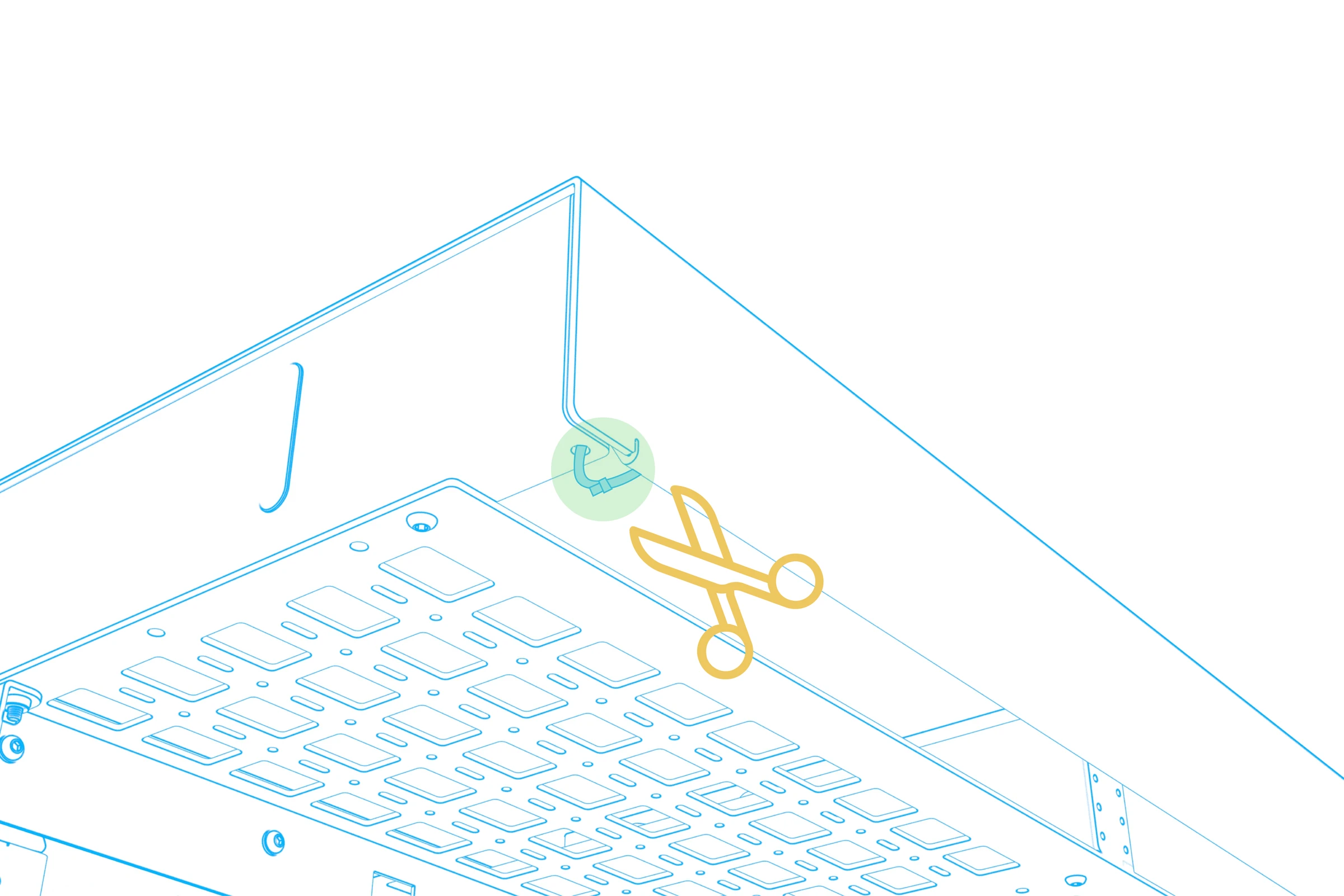 Scissors cutting a shipping tie at an underside corner of the desktop.