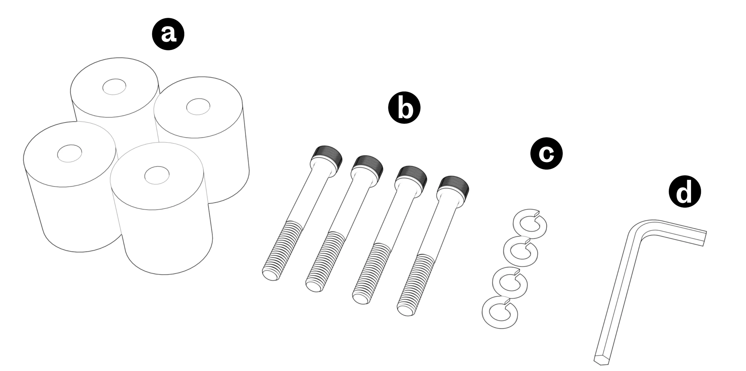 Included parts labeled a–d: four cylindrical spacers, four socket-head screws, four lock washers, and a hex key.
