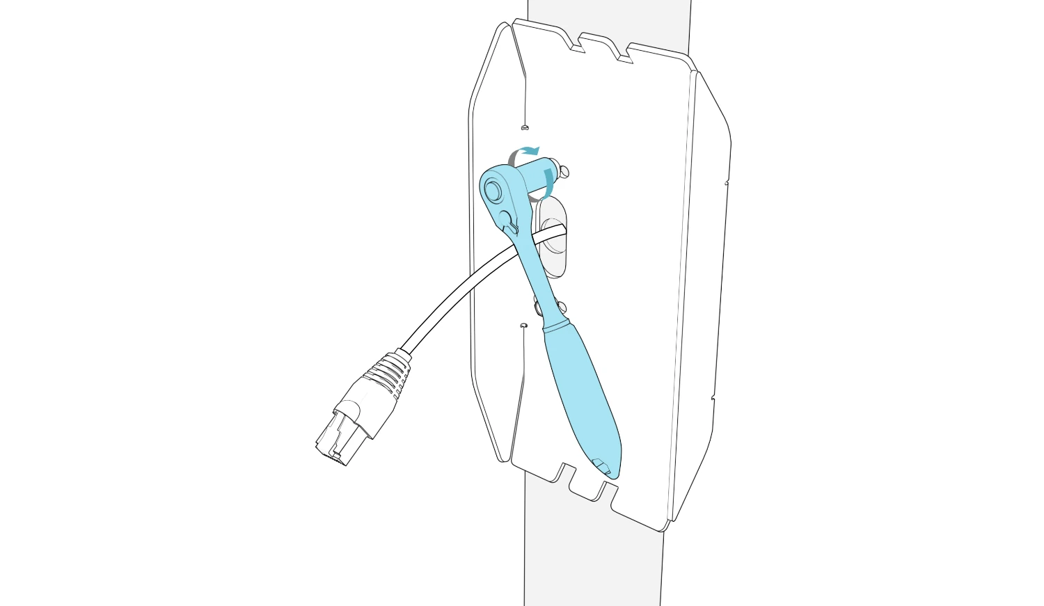 Socket wrench turning the upper mounting screw inside the pocket, with the network cable extending through the center opening.