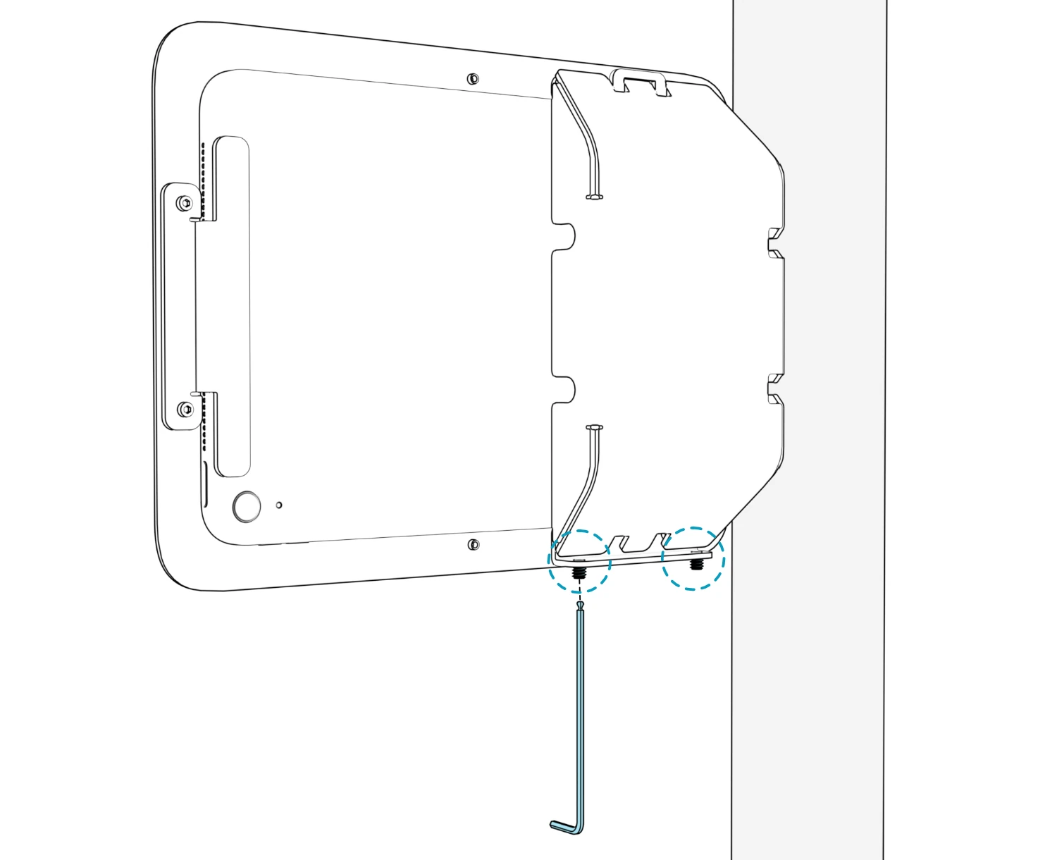 Rear view of the installed enclosure and pocket, with both bottom set-screw positions circled and a hex key aligned to one screw.