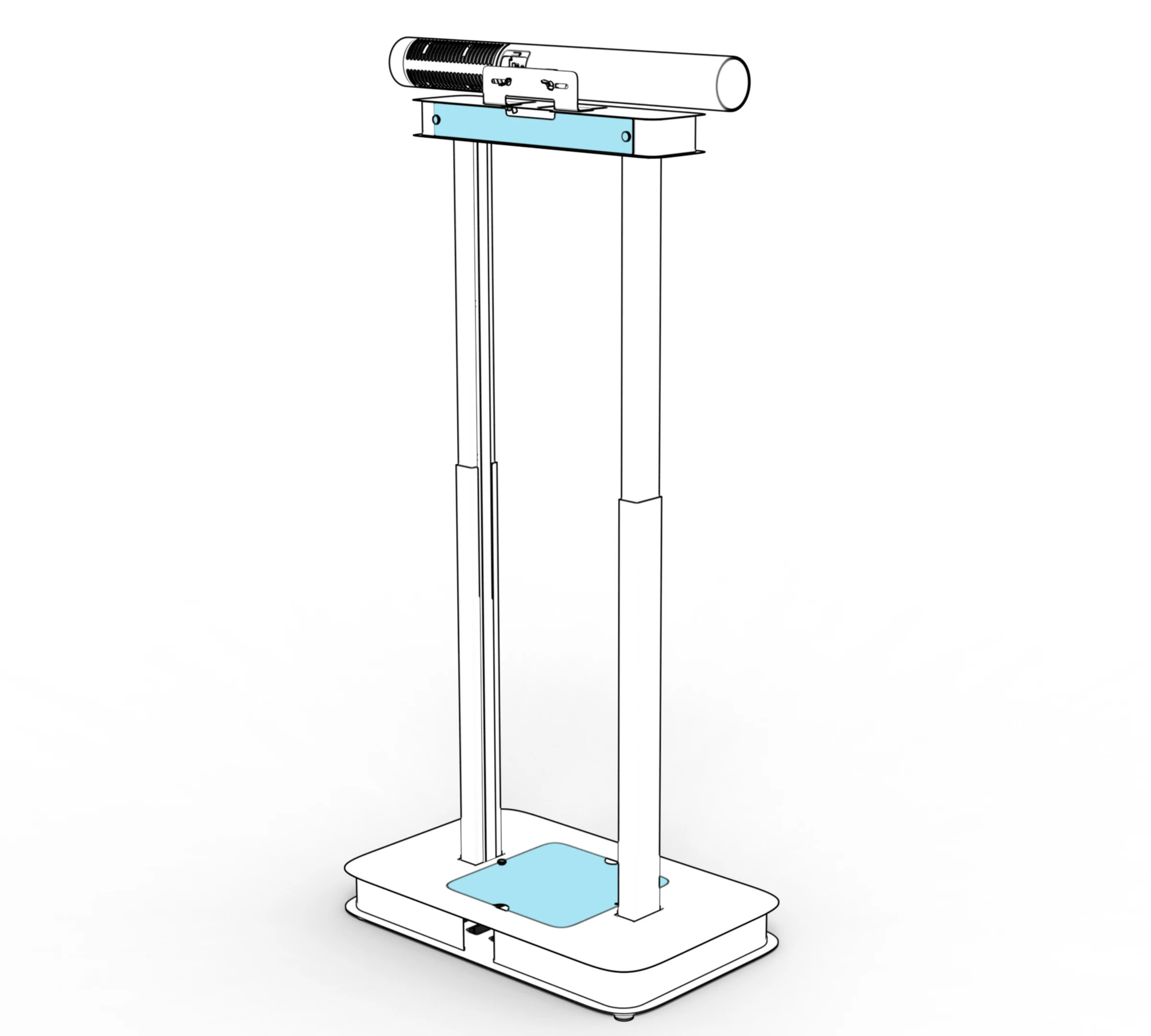 Rear view of the assembled stand with camera, routed cables, and lower cover installed.