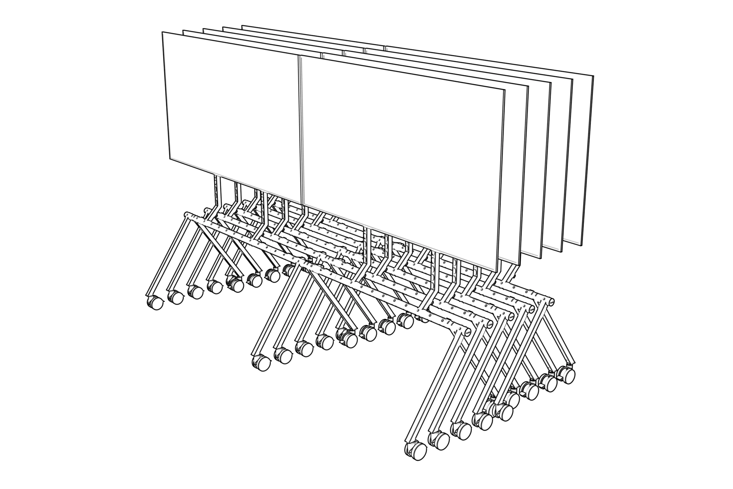 Multiple dual-display stands nested together.