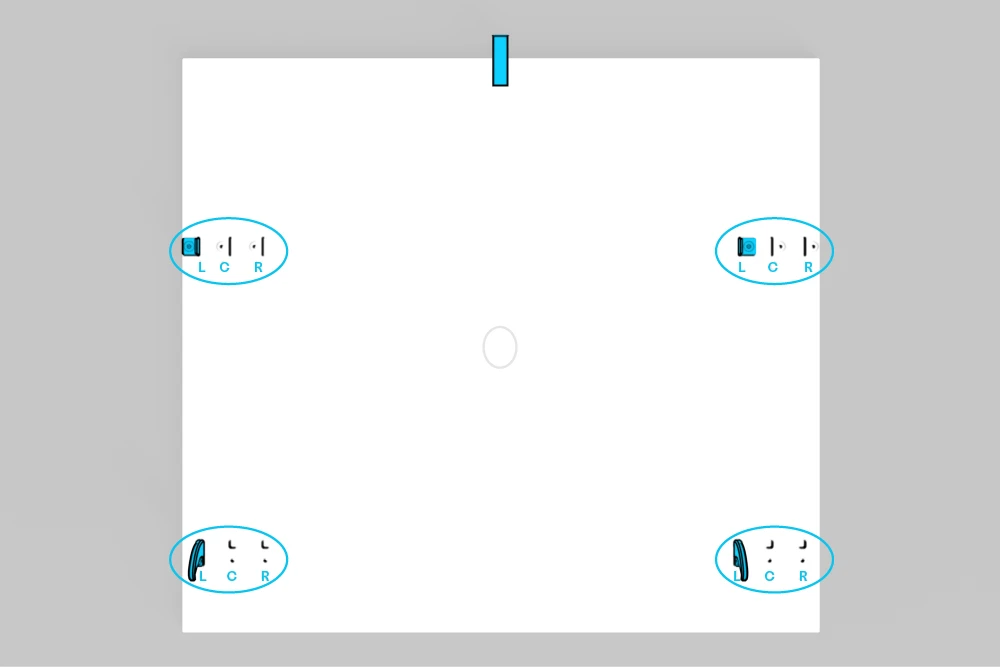 The rear of an outer panel marked O, with L, C, and R hardware mounting positions highlighted.
