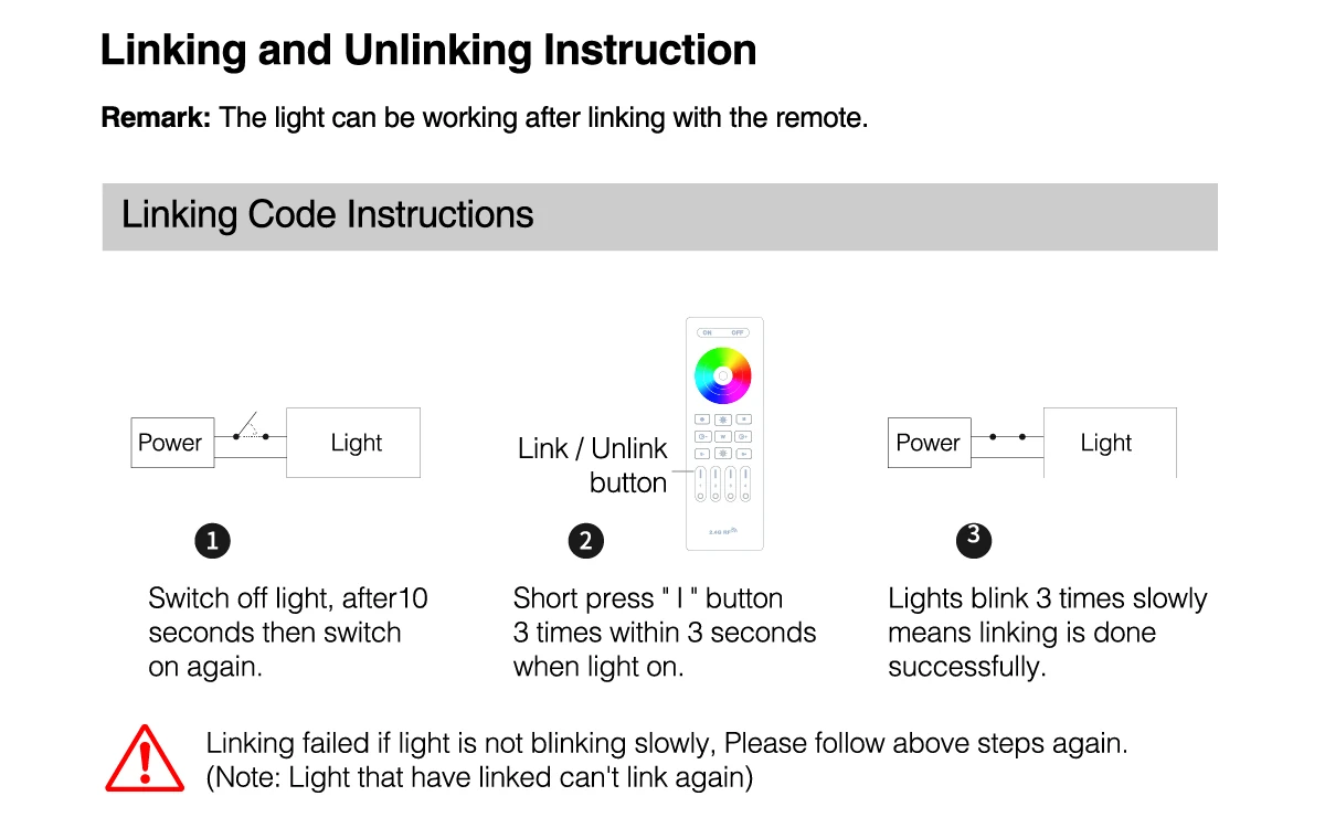 Remote linking sequence: switch the light off for 10 seconds, turn it on, and press the zone ON/link button three times within 3 seconds; three slow flashes confirm linking.