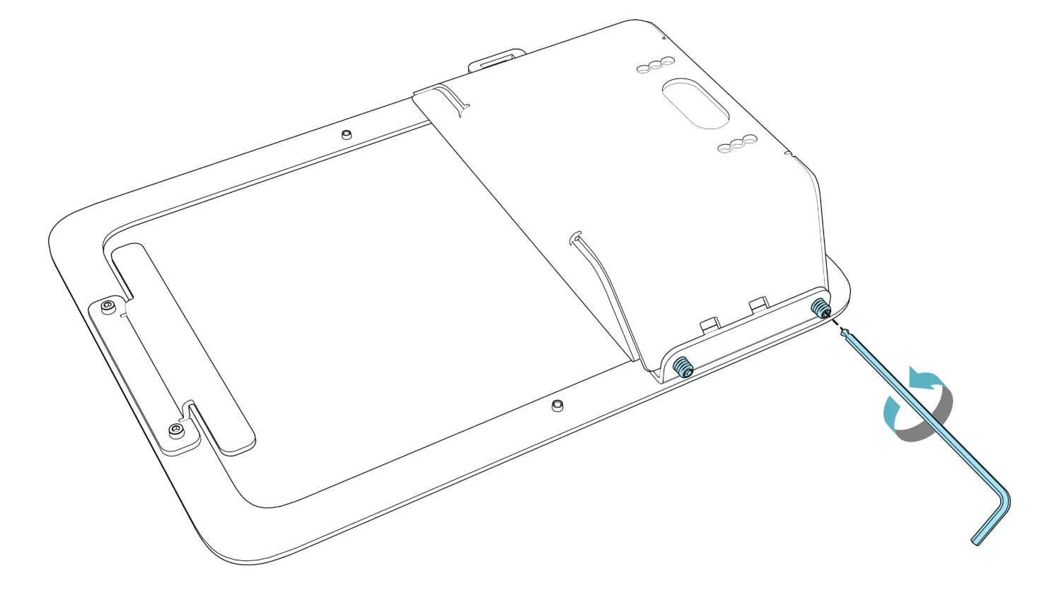Rear view of the enclosure with a hex key aligned to one of the two set screws beside the pocket and a curved arrow indicating rotation.