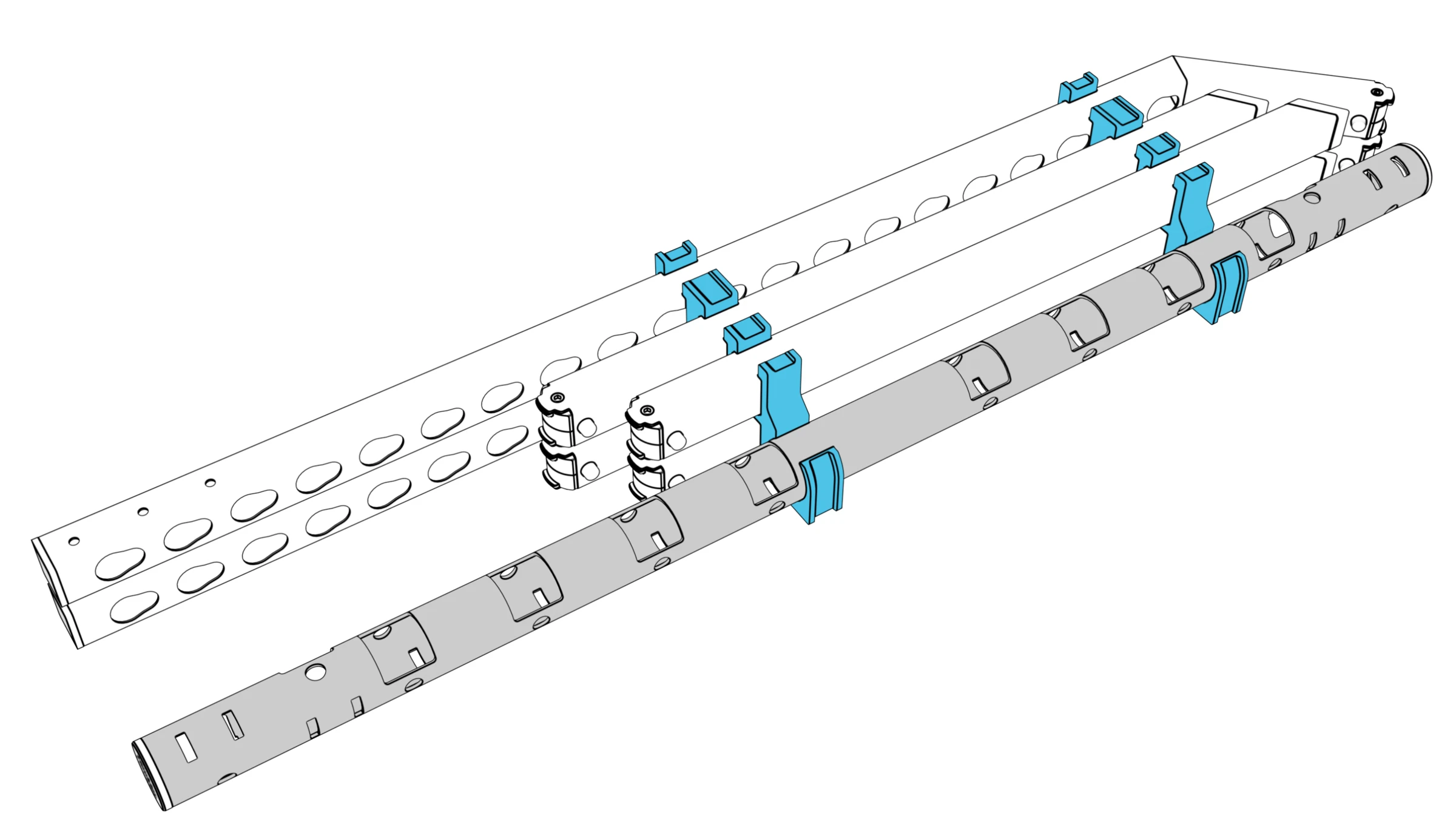 The beam positioned alongside the packed columns and legs.