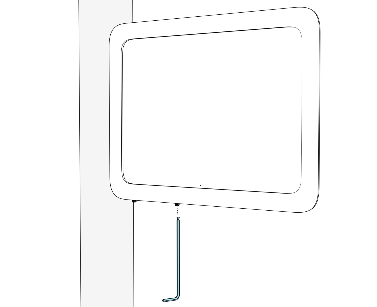 Front view of the installed enclosure with a hex key aligned upward to one of the two set screws along its bottom edge.