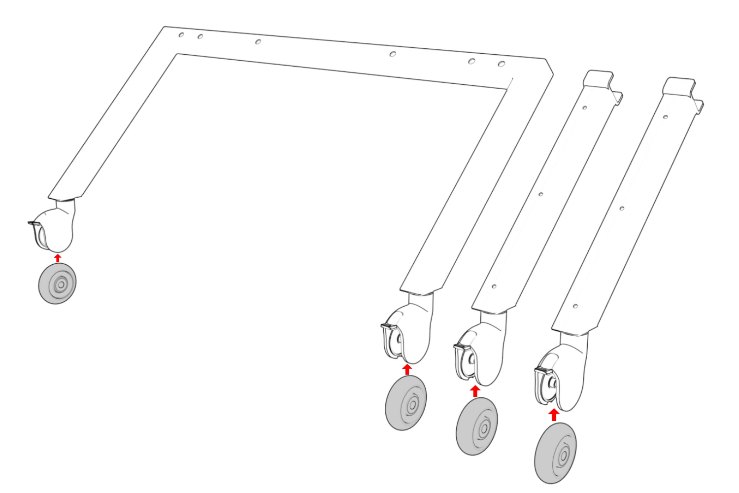 Four wheels aligned below the caster housings, with arrows pointing upward for reinstallation.