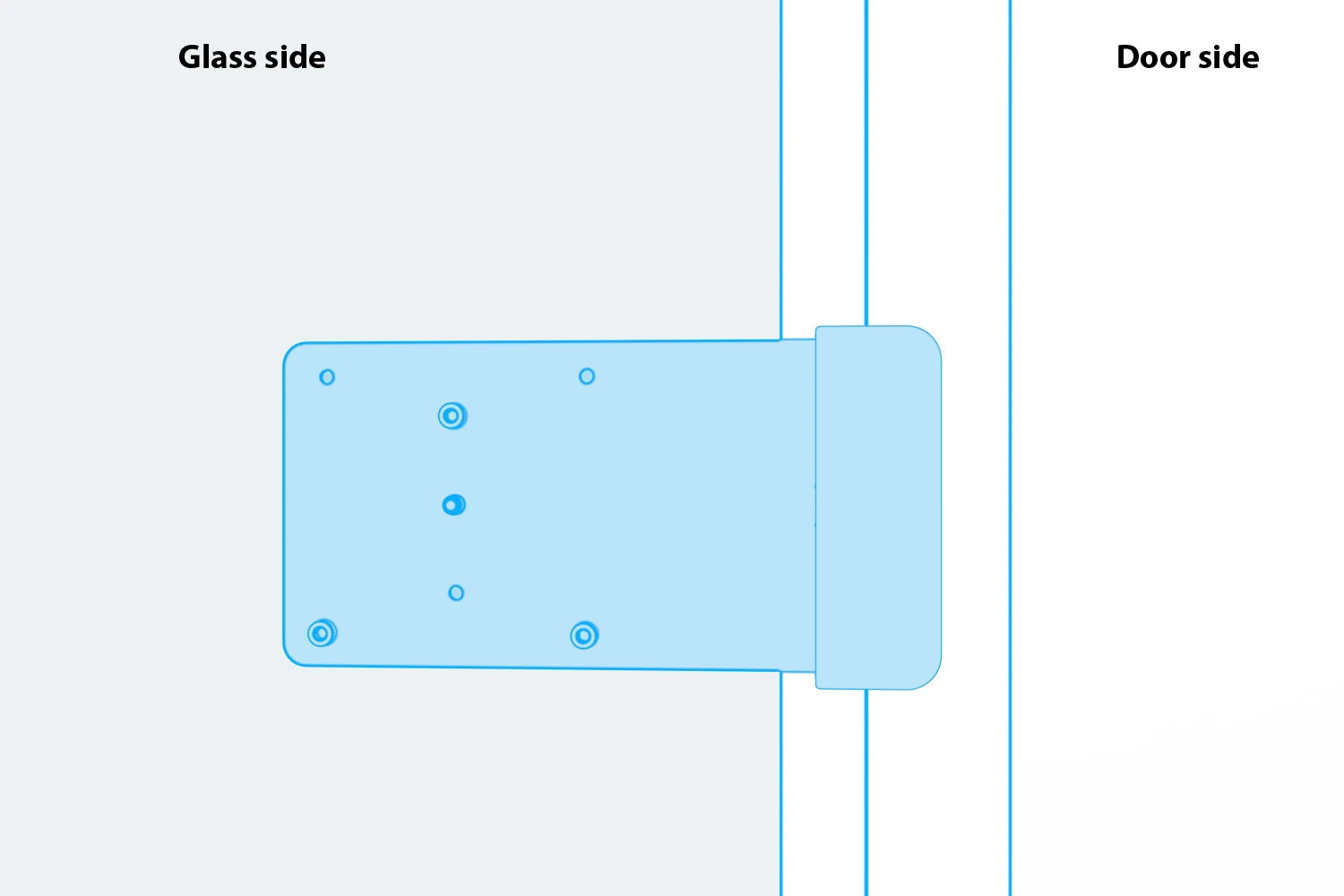 Left-side mounting arrangement, with the bracket extending toward the glass and the door to the right.