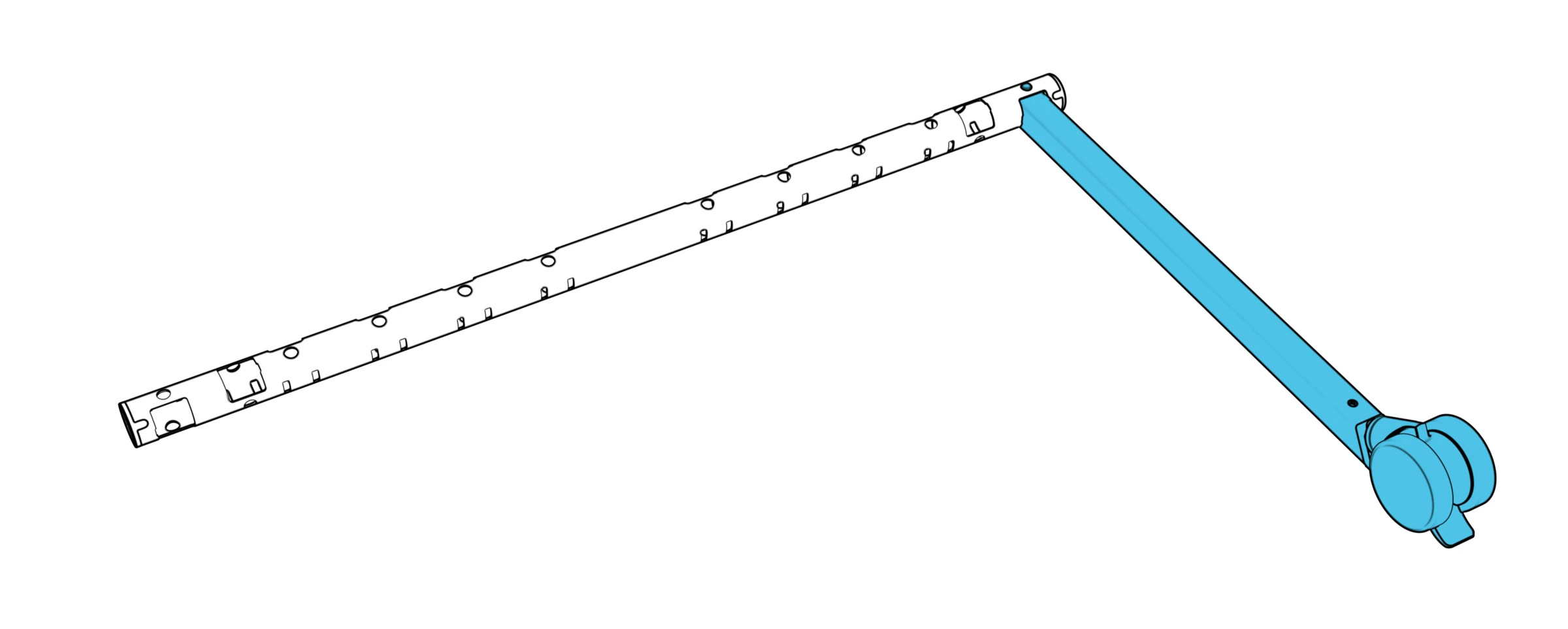 The first leg installed at one end of the beam while the assembly rests on the ground.
