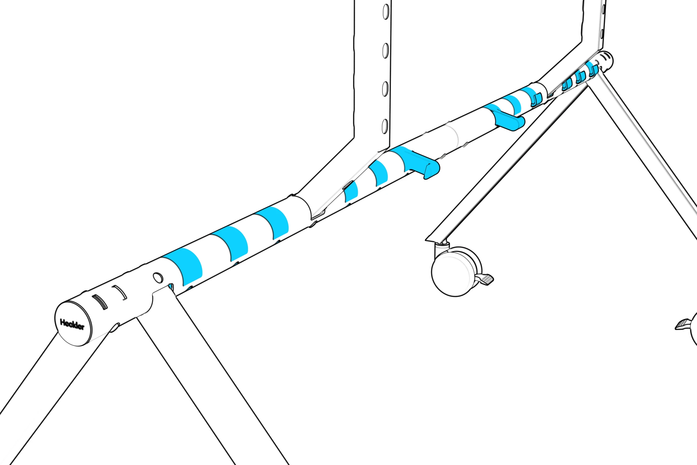 Cable guides, beam plugs, and cord-wrap hooks positioned in unused beam sockets.