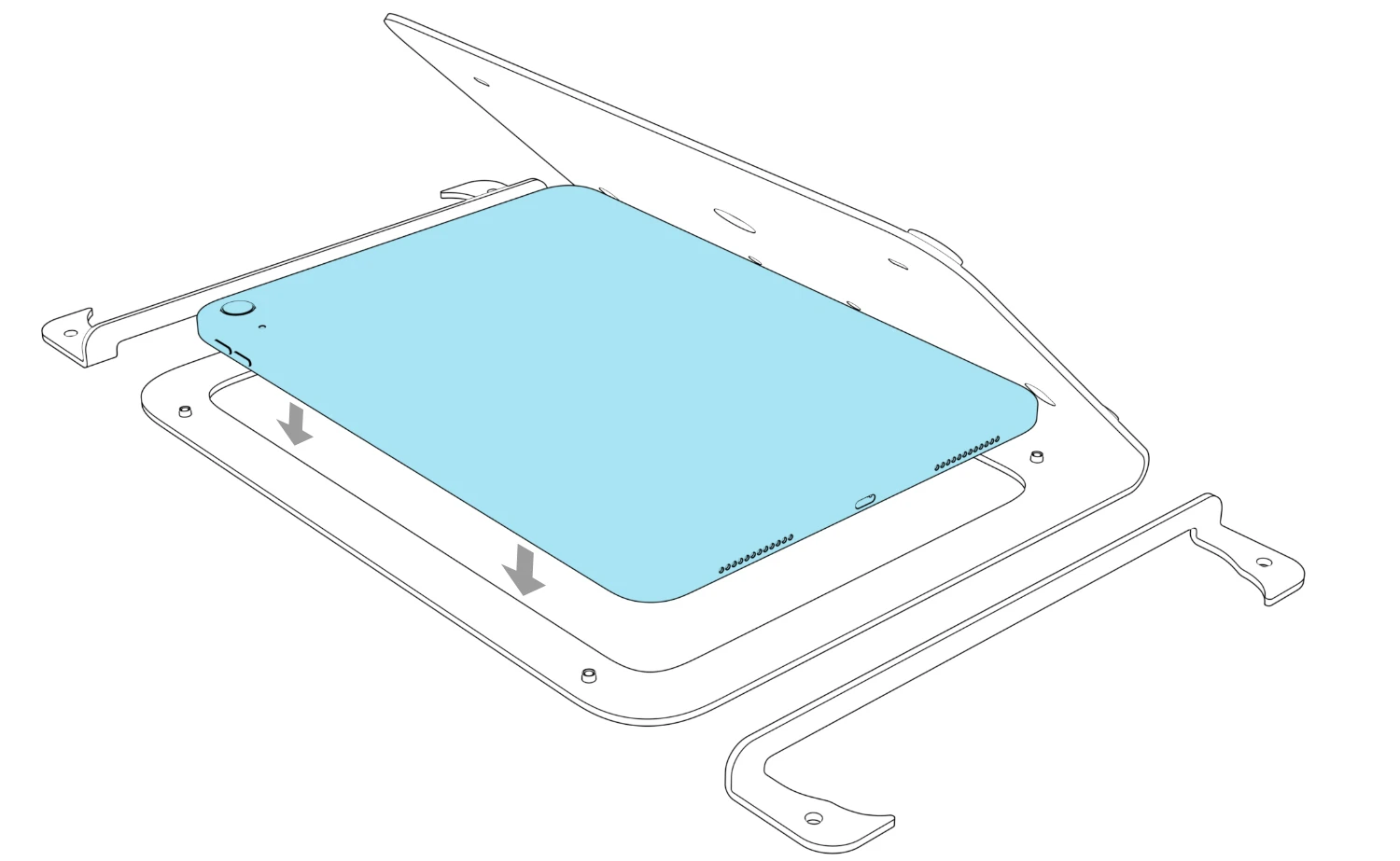 iPad positioned screen-down over the back of the stand, with arrows indicating placement and both retaining brackets set aside.