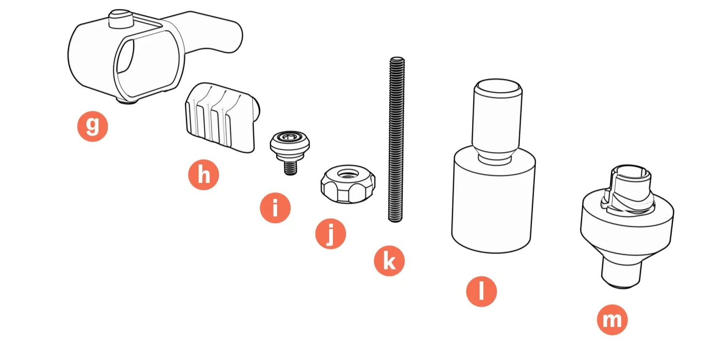 Hardware diagram labeled g–m: beam cord wrap, cable manager, battery anchor, M6 thumb nut, display screw, display anchor, and felt-panel anchor.