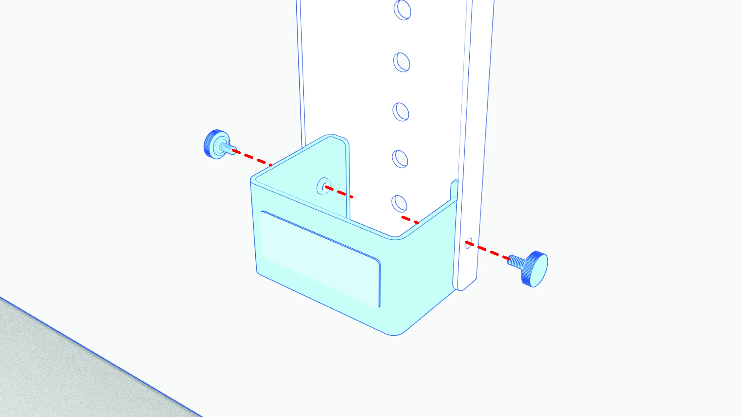 Exploded close-up of the bent wall bumper bracket and two thumbscrews aligned with the rail.