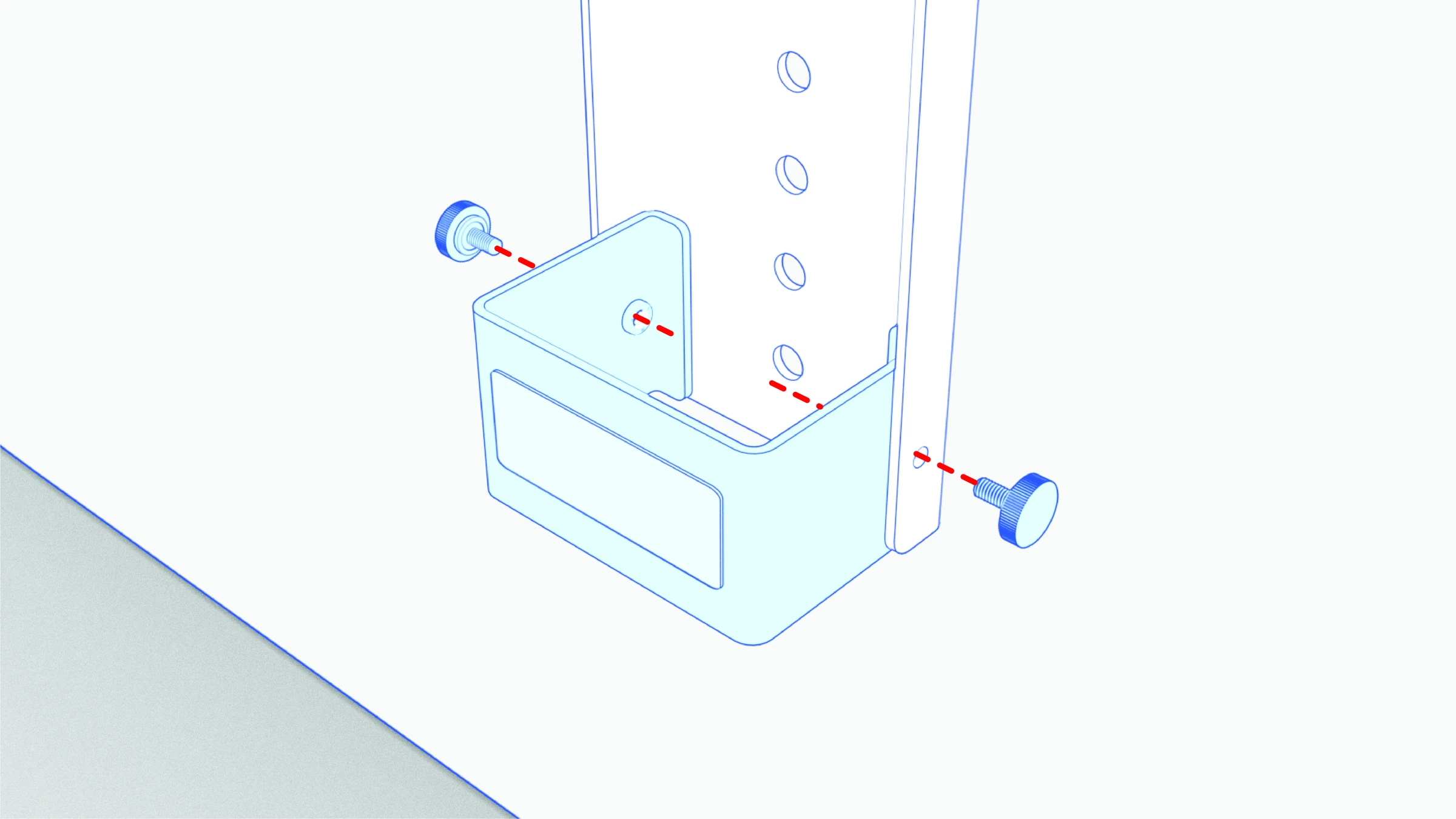 Exploded close-up of the bent wall bumper bracket and two thumbscrews aligned with the rail.