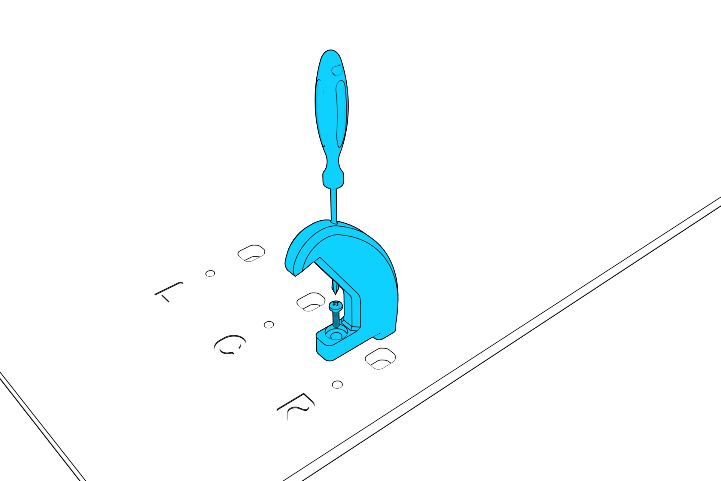 A screwdriver fastening a hook at an outer-panel mounting position beside the L, C, and R marks.
