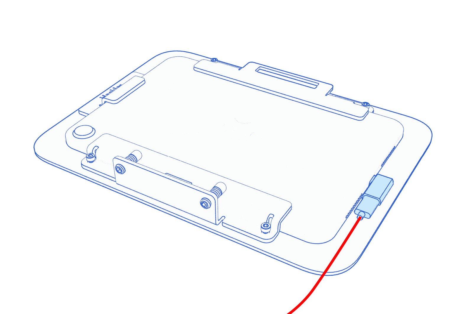 Animated diagram showing the USB-C cable connected to the right-angle adapter and the adapter inserted into the iPad mini.