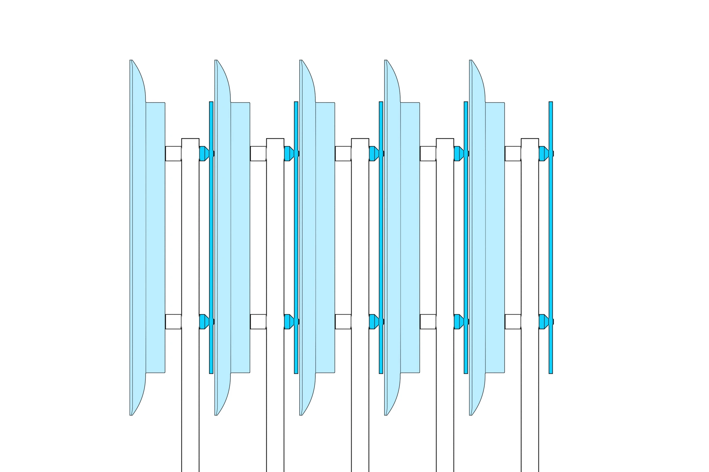 Side view of nested stands showing the felt spacers between them.