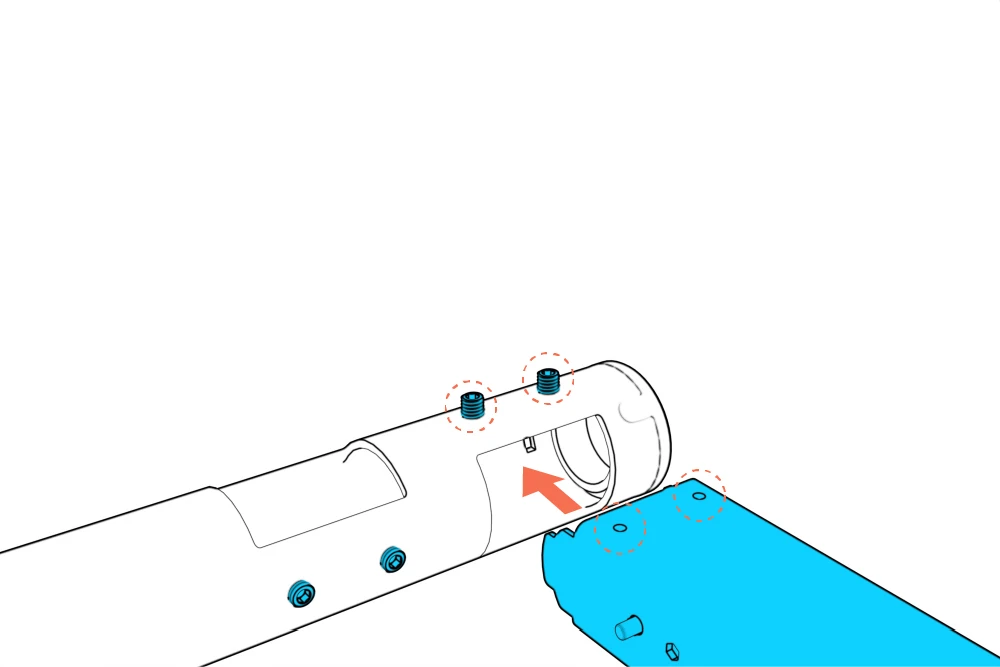 Leg aligned with the beam socket so its two holes face the set screws.