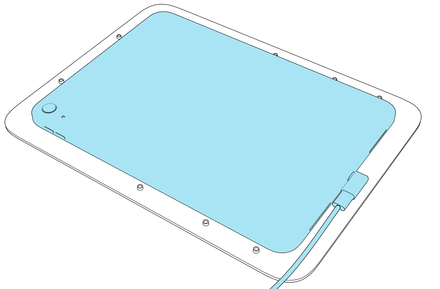 iPad positioned face down in the enclosure with a right-angle USB-C adapter and charging cable connected at its side port.