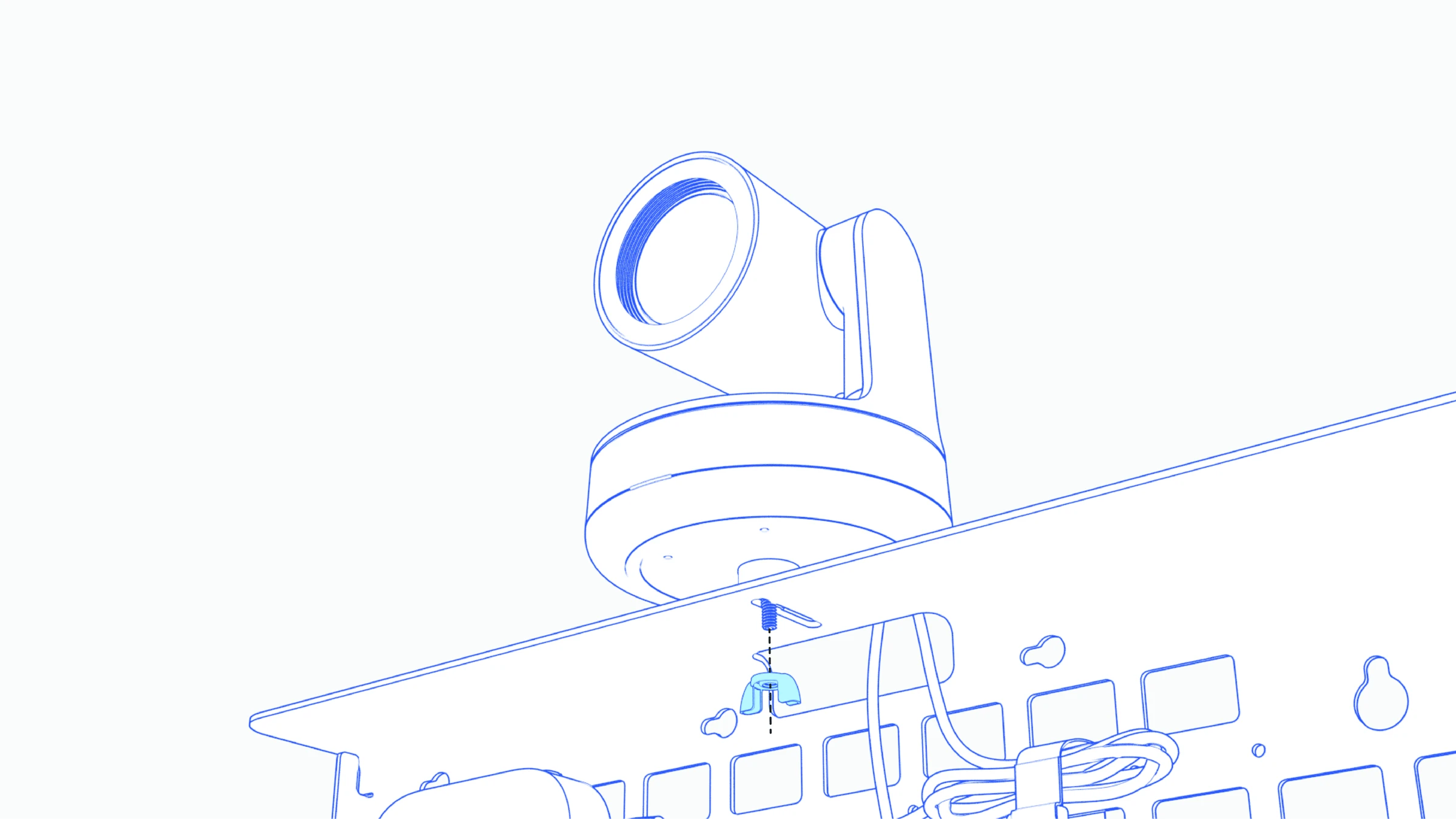 PTZ camera positioned over the top mounting slot with the wing nut below.