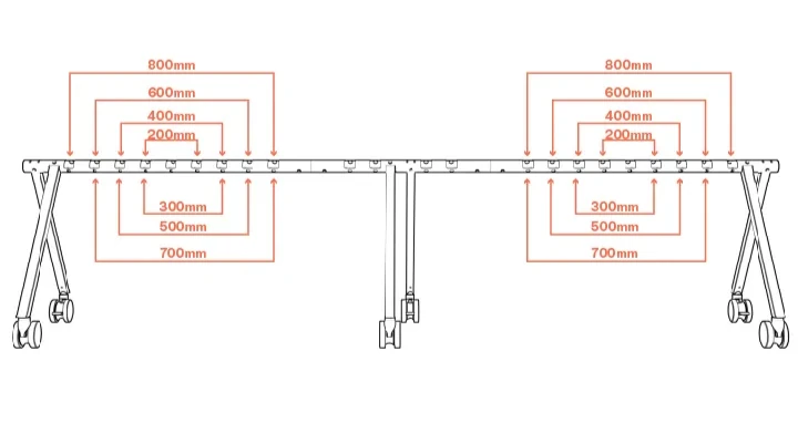 Beam socket map showing two arrays labeled 200, 300, 400, 500, 600, 700, and 800 mm.