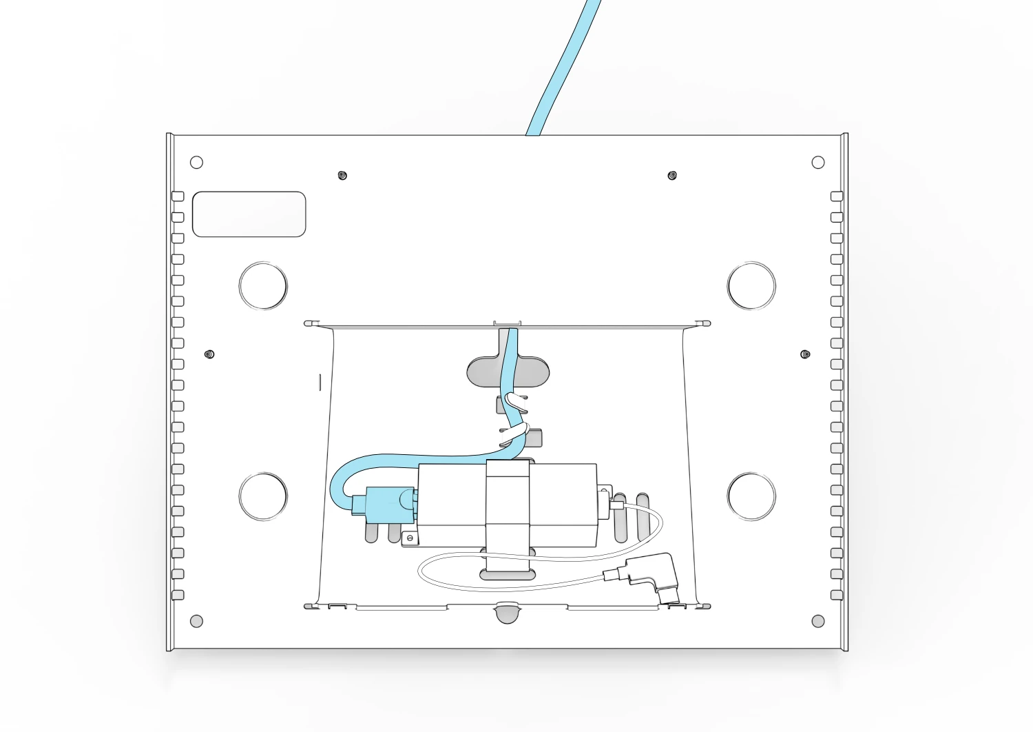 Top view of the Ethernet cable routed through the console cable guides and rear opening, beside the secured adapter and USB-C cable.