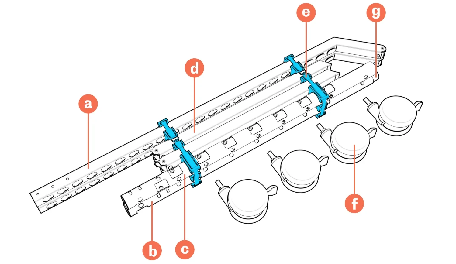 Packed columns, left and right beam halves, legs, storage rings, casters, and coupler labeled a through g.